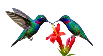 Hummingbird rendezvous: A vibrant duet amidst blooming trumpet flowers against a stark white canvas conveying avian elegance and floral allure