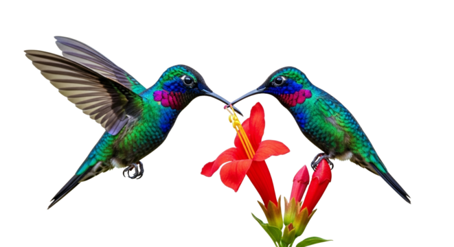 Hummingbird rendezvous: A vibrant duet amidst blooming trumpet flowers against a stark white canvas conveying avian elegance and floral allure
