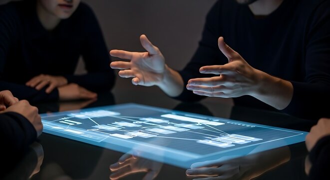 People collaborating around a digital table, discussing a futuristic project.