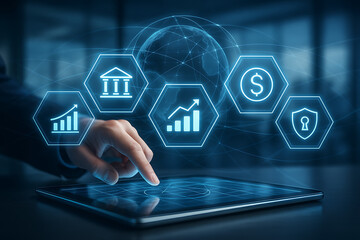 Financial business icons on a futuristic digital tablet screen with a global network, and security to secure transactions