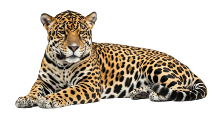 Resting feline predator featuring detailed spots and stripes against a pure white background revealing the textures of the animal's fur offering a