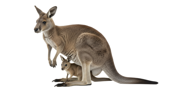 Kangaroo Mother and Joey Isolated on White: A tender scene showcases maternal bond in the animal kingdom with grace and elegance