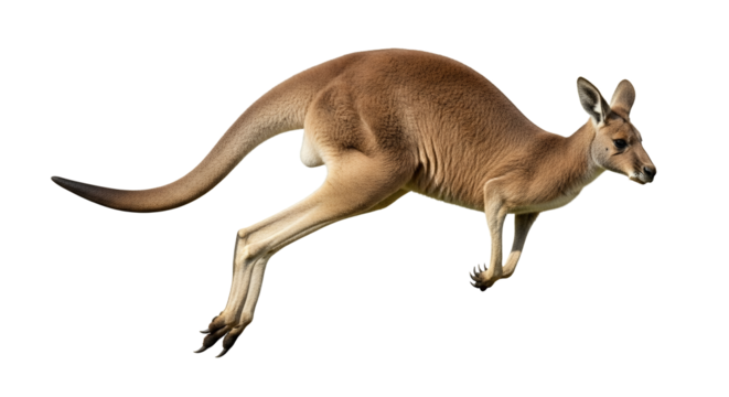Dynamic kangaroo mid-leap isolated on white showcasing powerful musculature and unique movement in action against a plain background ready for