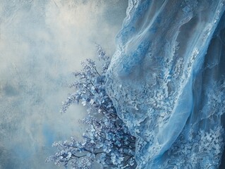 Ethereal blue floral arrangement with delicate lace on textured backdrop