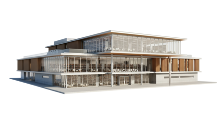 Architectural rendering showcasing the design of a modern public library with ample glass windows, creating a bright and inviting space for learning