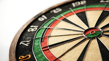 Obraz premium Bristle Dartboard with Metal Darts, Red Bullseye, Game Equipment, Wooden