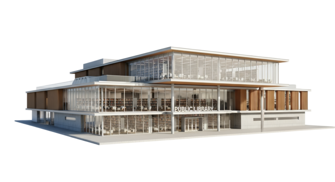 Architectural rendering showcasing the design of a modern public library with ample glass windows, creating a bright and inviting space for learning