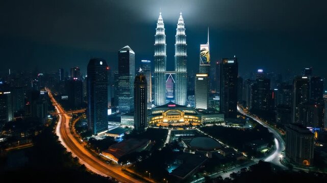 Aerial timelapse of Kuala Lumpur city skyline at night, Malaysia