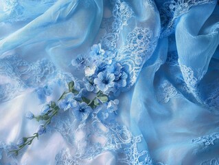 Elegant baby blue floral lace fabric backdrop with delicate details