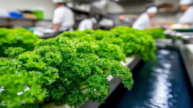 Focused view of a nutrientrich water reservoir feeding a cluster of healthy parsley plants in a rooftop hydroponic system gently blurred kitchen staff preparing kosher meals in the