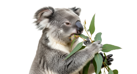 Adorable koala munching on eucalyptus leaves, a delightful glimpse into australian wildlife behavior and arboreal marsupials life in pristine detail