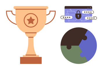 Gold trophy with star symbol, browser screen with secure password lock, and puzzle piece globe. Ideal for achievement, cybersecurity, global teamwork, problem-solving, innovation, strategy simple