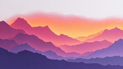 Fototapeta premium Minimalist geometric mountain landscape at sunrise, using gradient orange, pink and purple paper cut overlay design isolated on a pure white background, conveying the beauty of tranquil nature