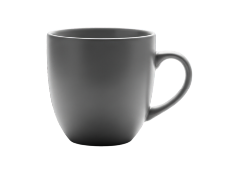 Simple gray ceramic mug with a handle, isolated on a black background