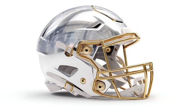 Chrome Football Helmet Isolated, Gold Gridiron Face Mask, White Background