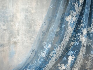 Elegant floral lace curtain against a textured backdrop creating a serene and delicate atmosphere