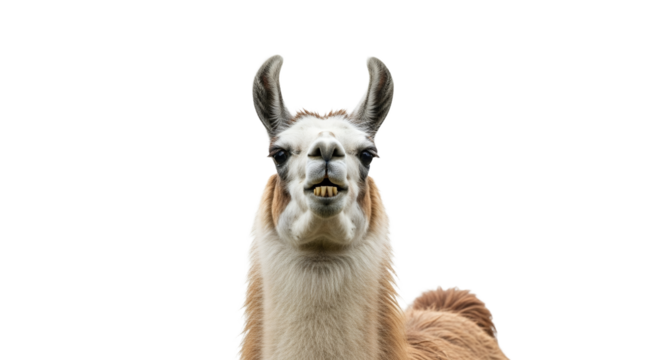 Funny portrait of a llama with its mouth open against an isolated bright white background. Animals photography and wildlife concept close up of its