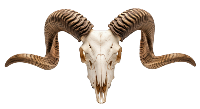 Ram skull with curved horns isolated on a black background