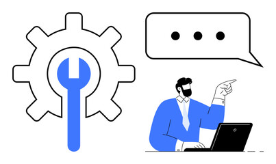 Gear with wrench symbolizing technical support, man pointing while working on a laptop and speech bubble. Ideal for teamwork, technology, communication, guidance, support, workflow, simple flat