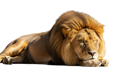 Serene slumber of a majestic lion: A portrait of tranquility and the king of beasts in peaceful rest on a white background