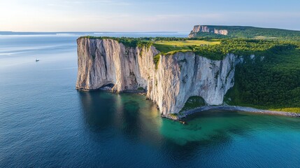 Aerial view of dramatic coastal cliffs, turquoise water, and lush green landscape.