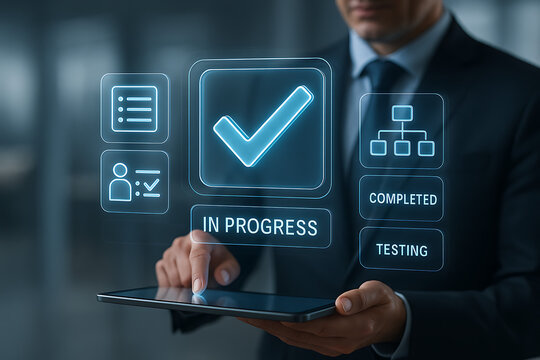 Businessman analyzing project management workflow progress and testing completed stages on a futuristic digital tablet screen - Powered by Adobe