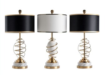 Three elegant table lamps, each featuring a gold-toned, spiral-patterned base with a marble-look finish and a fabric shade.  The shades are black and white