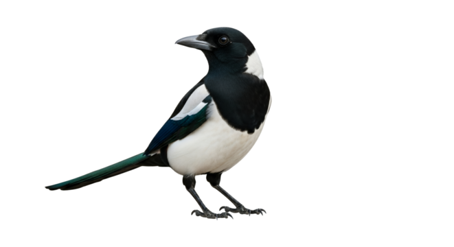 Magpie Perched on White Backdrop: A Stunning Wildlife Portrait Showcasing Avian Beauty and Detail in a Clean, Minimalist Studio Setting