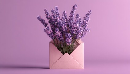 Lavender bouquet in pink envelope, purple background; spring greeting card