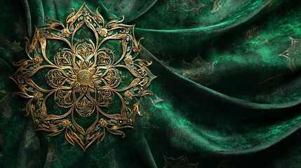 Elegant golden mandala design on luxurious green velvet fabric backdrop