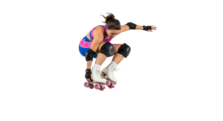 Dynamic Roller Derby Athlete Mid-Air Showcase on White Backdrop for Sports Promotion and Extreme Activity Visuals