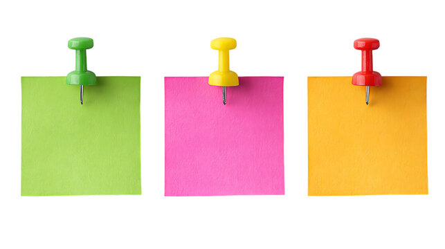 Three colorful sticky notes with pushpins isolated on transparent background. - Powered by Adobe