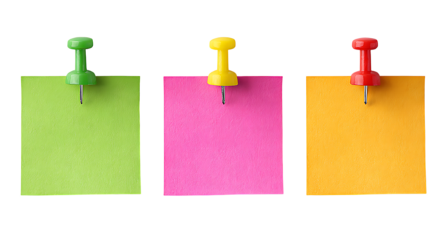 Three colorful sticky notes with pushpins isolated on transparent background.