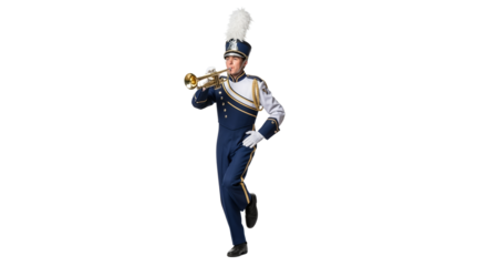 Majestic Marching Band Trumpeter Performing with Elegance and Precision, embodying Musical Artistry and Rhythmic Coordination on a White Background
