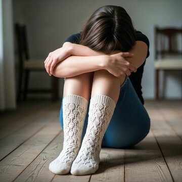 Adolescente estudante sentada no ch&atilde;o chorando de cabe&ccedil;a baixa. 