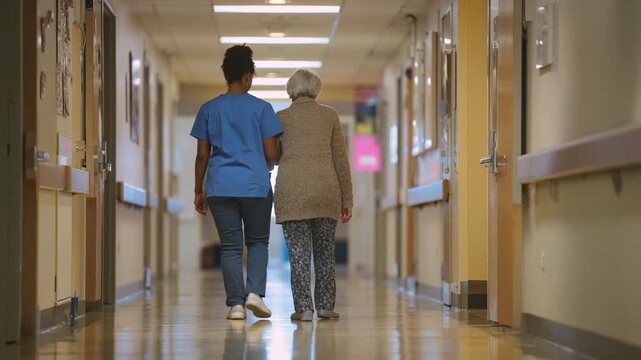 Nurse Helping Elderly Woman Walk in Hospital