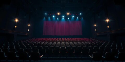 A darkened auditorium, stage lights illuminating empty seats,  blurry,  art