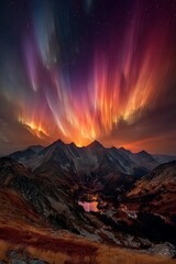 Breathtaking night view of mountains illuminated by vibrant auroras.