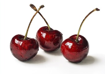 Three glossy cherries, deep red, with water droplets, on a white background