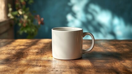 Fototapeta premium Empty white mug on a wooden table in front of a teal wall. Sunlight casts shadows