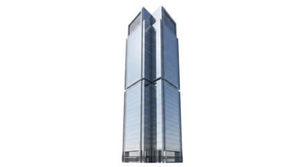 Modern Architecture: A Captivating View of a Contemporary Glass Skyscraper Against a Clear Sky, highlighting its towering presence and architectural
