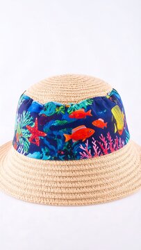 A light beige straw hat with a colorful underband