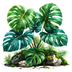 Vibrant tropical foliage, with lush monstera leaves and various greenery, is arranged atop a rocky ground, creating a striking visual display isolated on a transparent background.