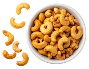 Cashew Nuts in Small White Bowl, Top-Down Flat Lay, Isolated PNG