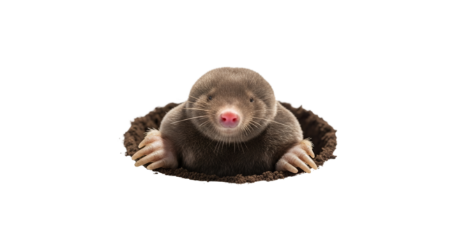 A charming portrait of a mole emerging from its earthen home against a pure white backdrop, exuding a sense of curiosity and subterranean life