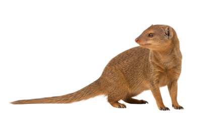 Isolated mongoose portrait capturing its curious gaze against a clean white background, highlighting its golden-brown fur and alert posture