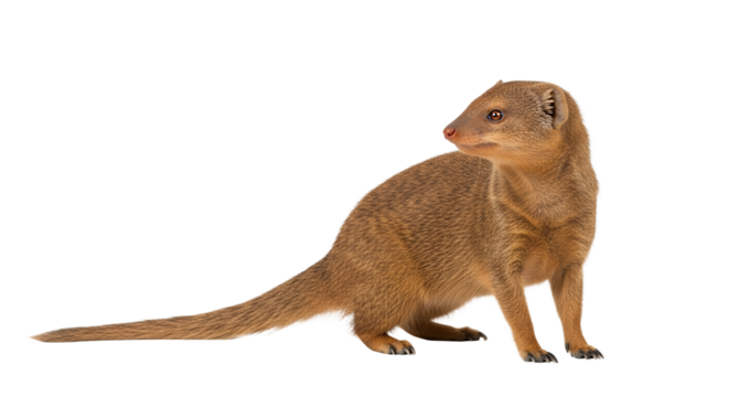 Isolated mongoose portrait capturing its curious gaze against a clean white background, highlighting its golden-brown fur and alert posture