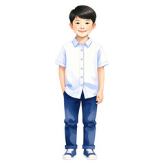 Fototapeta premium Watercolor Illustration of a Smiling Boy in Casual Outfit Full Body.