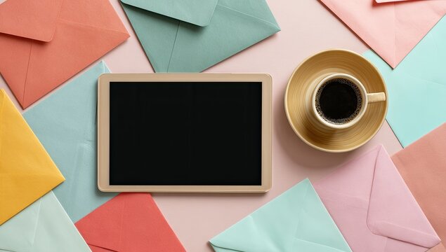 Pastel envelopes, tablet, coffee; home office, email