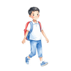 Watercolor Illustration of a Smiling Boy in School Uniform Walking with a Red Backpack.